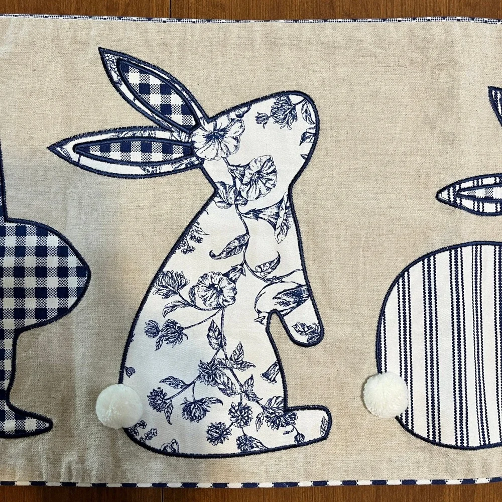 Blue White Bunny Table Runner Gingham Floral Easter Farmhouse Runner 47.5